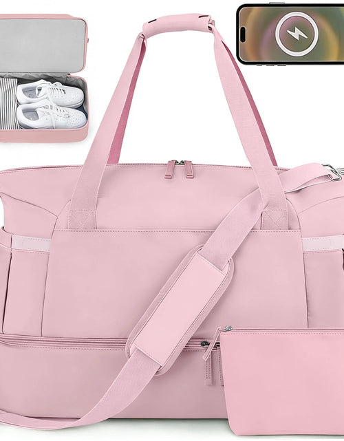 Load image into Gallery viewer, Travel Duffel Bag for Women Gym Bag with USB Charging Port Large Weekender Overnight Bag Yoga Duffle Bags with Wet Pocket and Shoes Compartment, Pink

