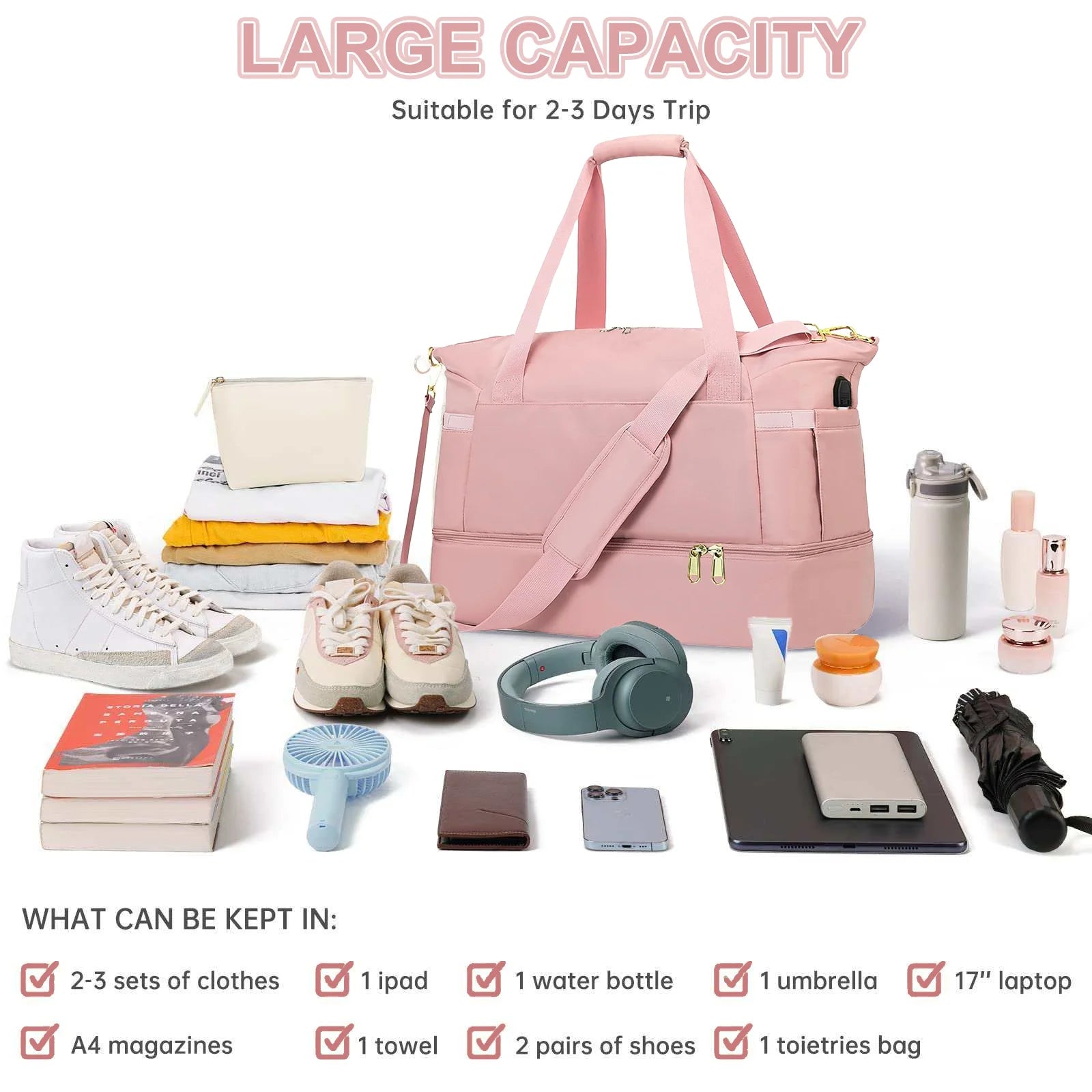 Travel Duffel Bag for Women Gym Bag with USB Charging Port Large Weekender Overnight Bag Yoga Duffle Bags with Wet Pocket and Shoes Compartment, Pink