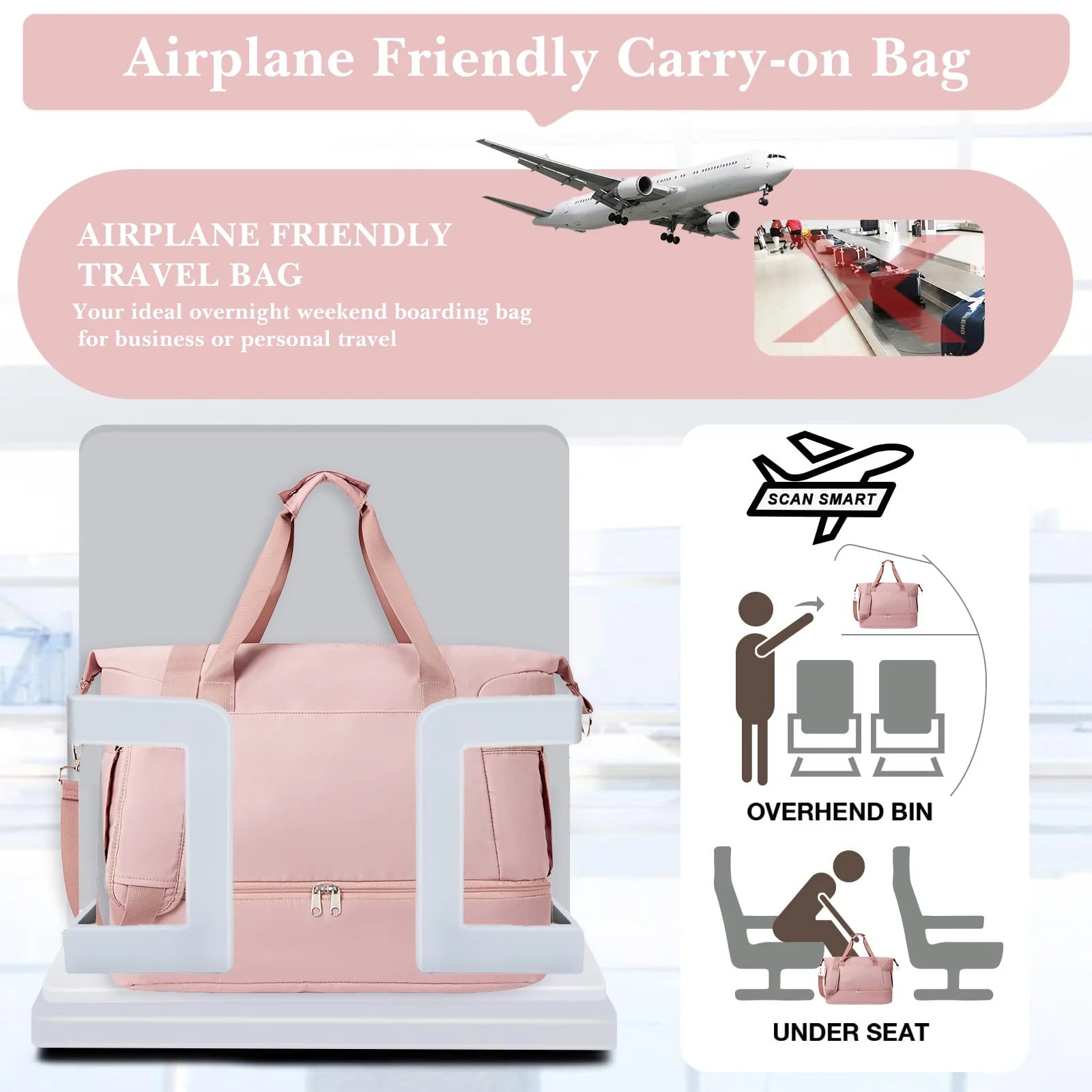 Travel Duffel Bag for Women Gym Bag with USB Charging Port Large Weekender Overnight Bag Yoga Duffle Bags with Wet Pocket and Shoes Compartment, Pink